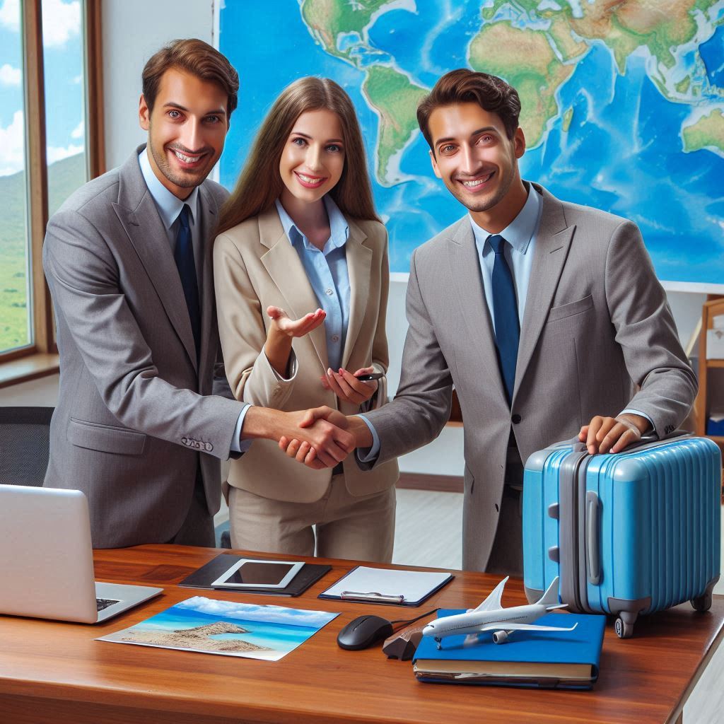 una foto de una agencia de viajes ayudando a organizar un viaje